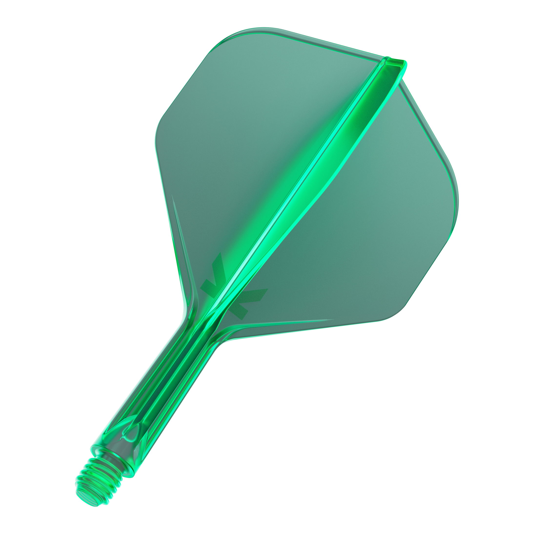 Das Bild zeigt ein grünes Dartflight mit integriertem Schaft. Es hat eine standardmäßige, leicht transparente Form.